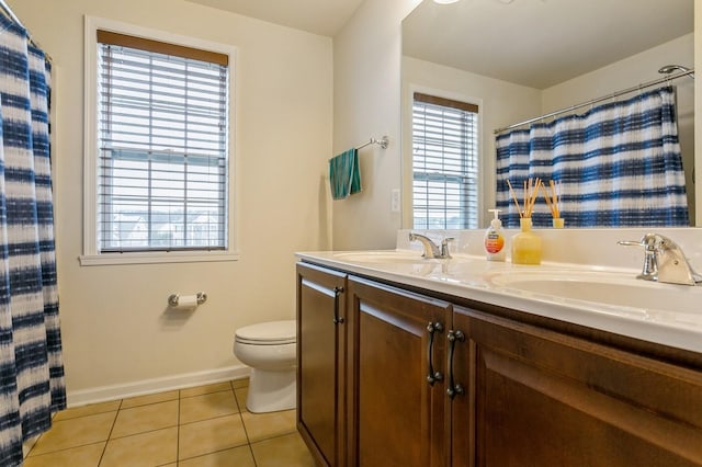 bathroom featuring vanity, tile patterned flooring, toilet, and walk in shower