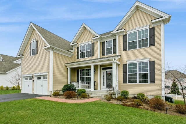 view of front of home featuring a garage, a porch, and a front lawn