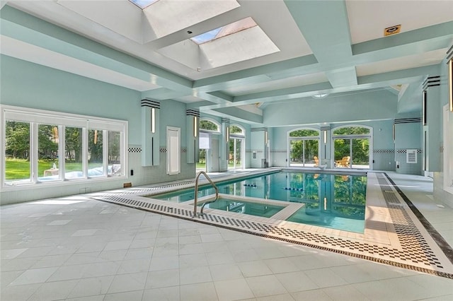 view of pool with a skylight