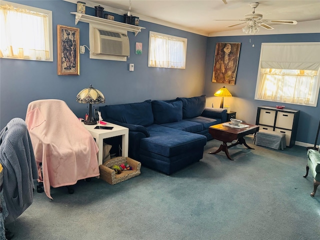 living room with carpet, ceiling fan, and a wall unit AC