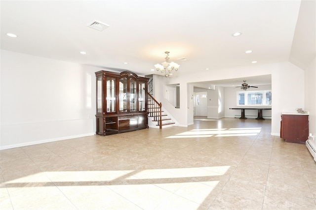 tiled empty room featuring ceiling fan with notable chandelier