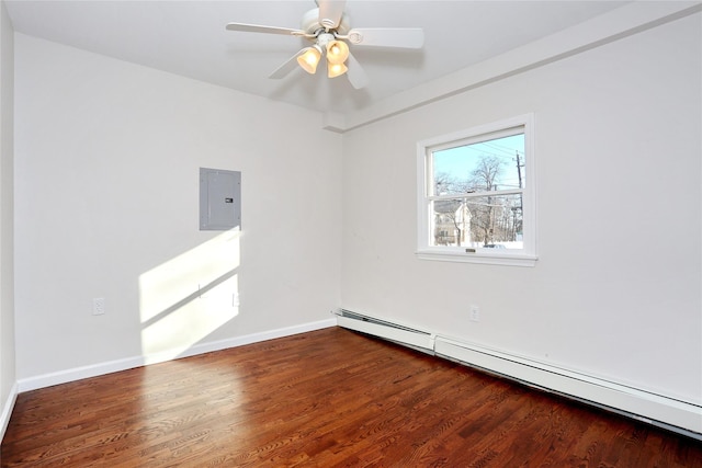 empty room with ceiling fan, wood-type flooring, baseboard heating, and electric panel