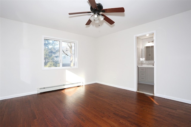 unfurnished room with hardwood / wood-style flooring, ceiling fan, and baseboard heating