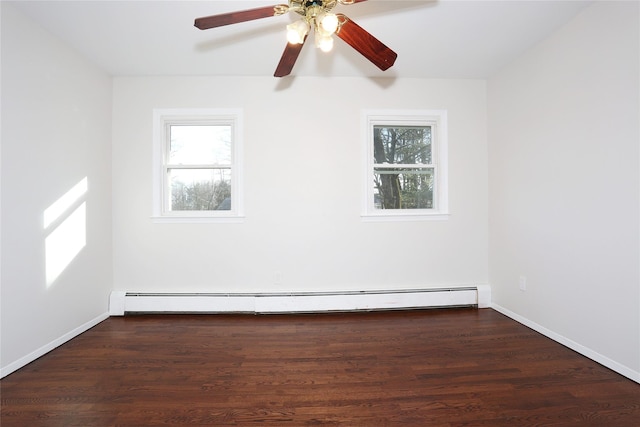 spare room featuring ceiling fan, dark hardwood / wood-style flooring, and a baseboard heating unit