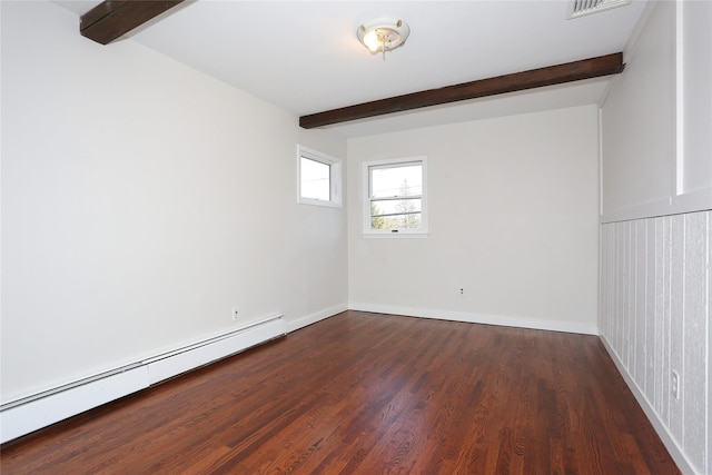 unfurnished room featuring dark wood-type flooring, beamed ceiling, and a baseboard radiator