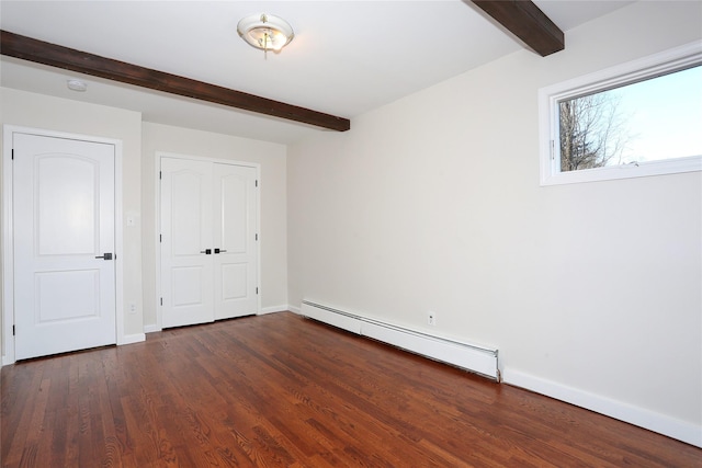 unfurnished bedroom with dark hardwood / wood-style floors, beam ceiling, and a baseboard heating unit