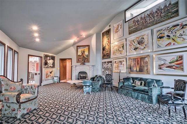 living room featuring carpet and high vaulted ceiling