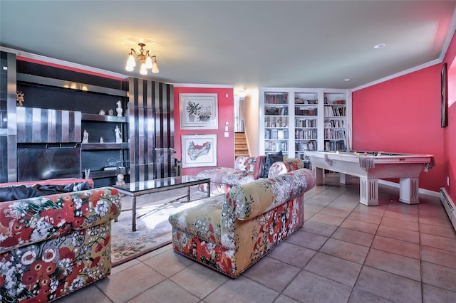 living room with built in shelves, ornamental molding, an inviting chandelier, and tile patterned flooring