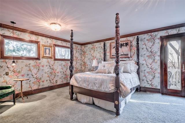 carpeted bedroom with multiple windows and crown molding