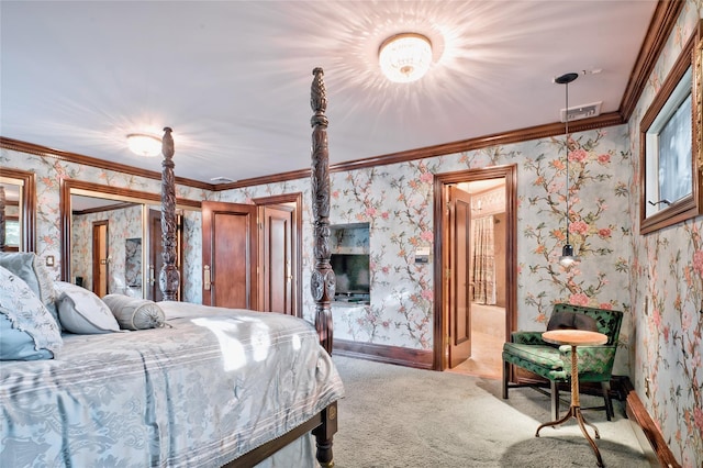 carpeted bedroom with crown molding