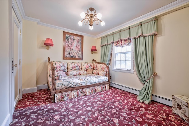 sitting room featuring a notable chandelier, ornamental molding, and carpet