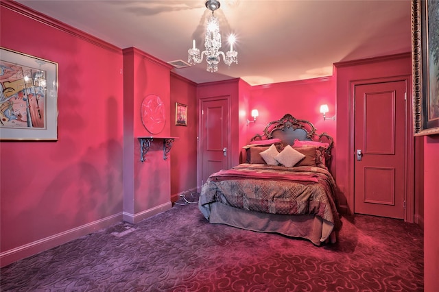 carpeted bedroom with crown molding and an inviting chandelier