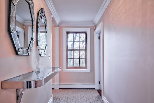 doorway to outside featuring a baseboard radiator, light colored carpet, and crown molding