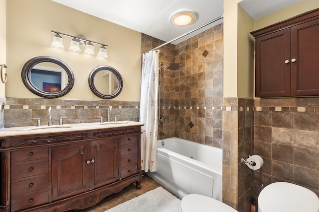 full bathroom featuring toilet, tile walls, tile patterned flooring, vanity, and shower / bathtub combination with curtain