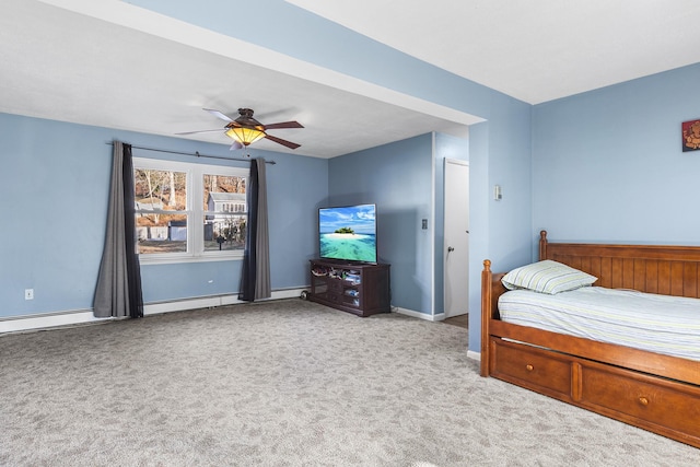 bedroom featuring ceiling fan, a baseboard radiator, and light carpet