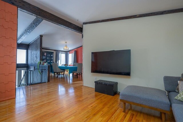 75 Tennyson Dr, Nanuet, NY 10954 - living room featuring light hardwood / wood-style floors and beamed ceiling