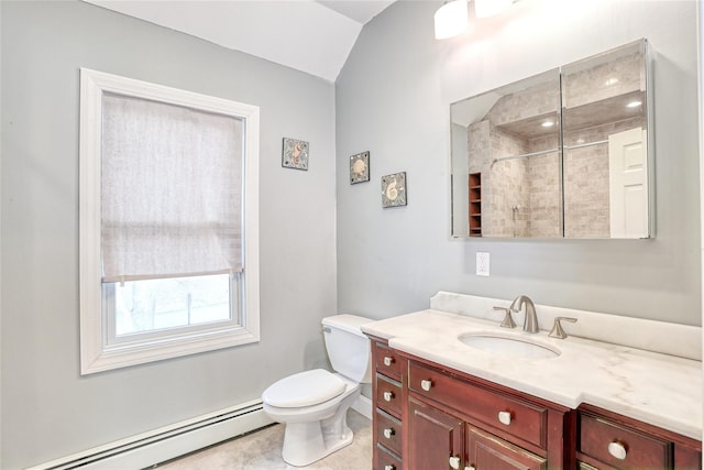 bathroom with a baseboard radiator, lofted ceiling, vanity, toilet, and a tile shower