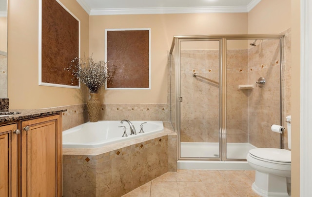 full bathroom with toilet, independent shower and bath, tile patterned floors, and crown molding