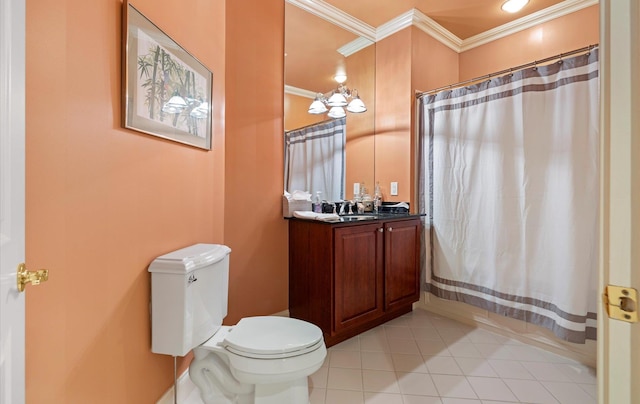 bathroom featuring toilet, vanity, tile patterned floors, and ornamental molding