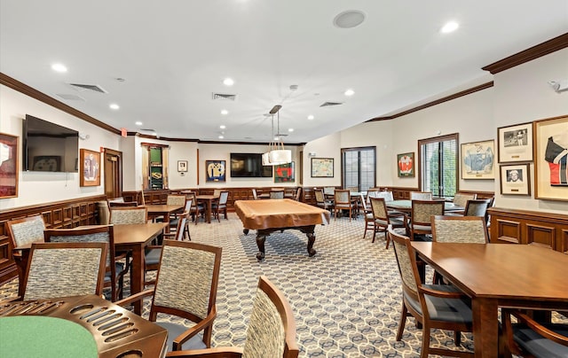 game room with ornamental molding, carpet, and billiards