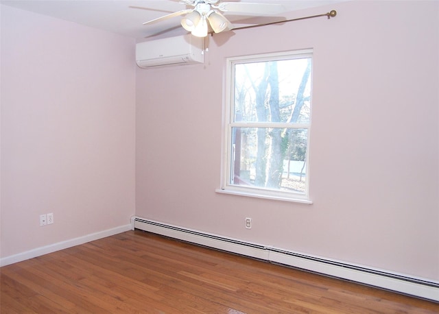 empty room featuring wood-type flooring, ceiling fan, a baseboard radiator, and an AC wall unit