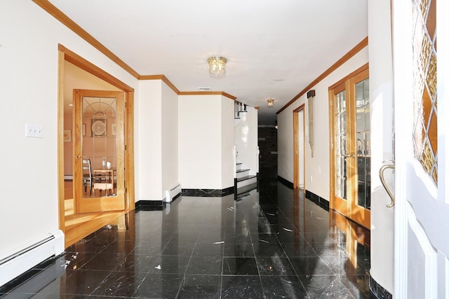 hall with french doors, baseboard heating, and ornamental molding