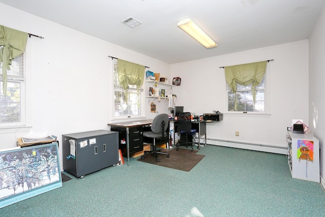 office featuring a baseboard radiator and a healthy amount of sunlight