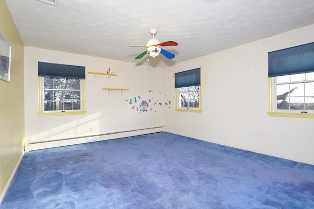 carpeted empty room featuring a textured ceiling, ceiling fan, and a baseboard radiator