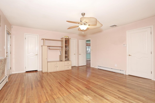 unfurnished bedroom featuring a baseboard radiator, ceiling fan, and light hardwood / wood-style floors