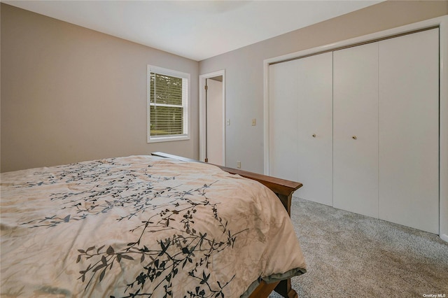 bedroom featuring light carpet and a closet