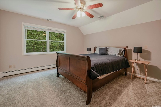 carpeted bedroom with baseboard heating, ceiling fan, and lofted ceiling