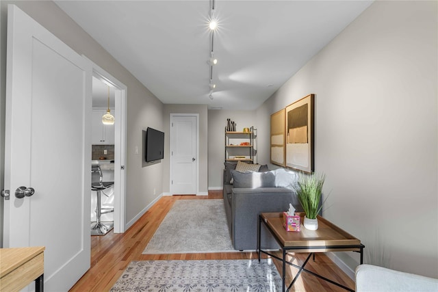 living room featuring light wood-type flooring and rail lighting