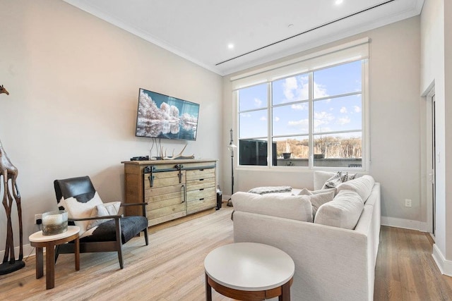 living room with ornamental molding and light hardwood / wood-style flooring