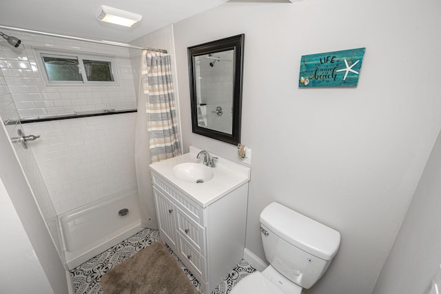 bathroom with tile patterned flooring, toilet, vanity, and a shower with shower curtain