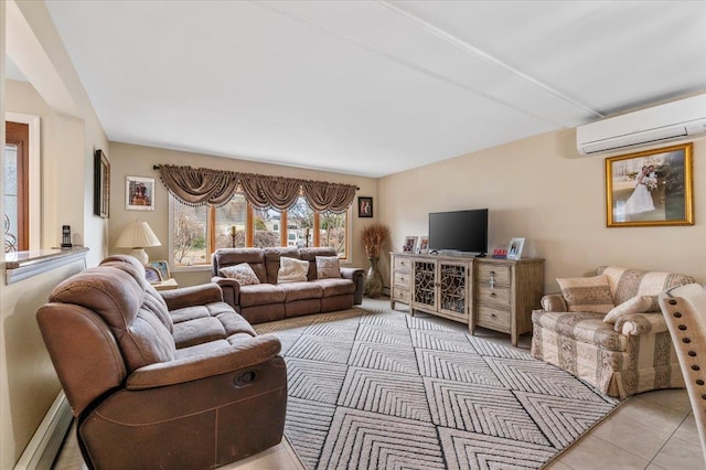 tiled living room with a wall mounted air conditioner and a baseboard radiator