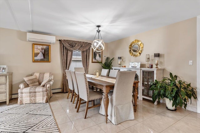 dining area with an AC wall unit, light tile patterned floors, and baseboard heating