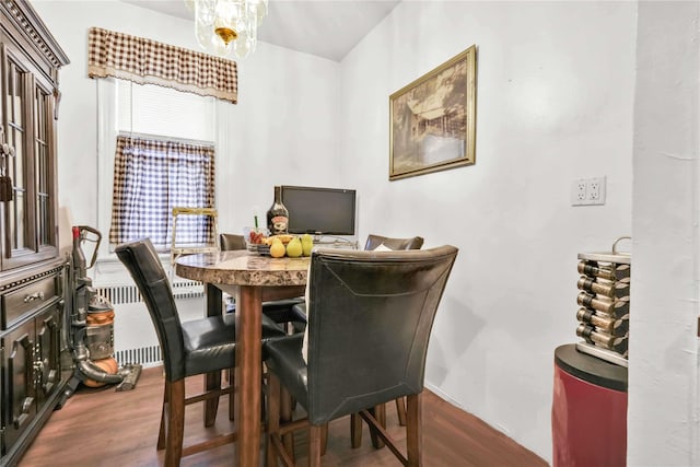 dining room with hardwood / wood-style floors and radiator heating unit