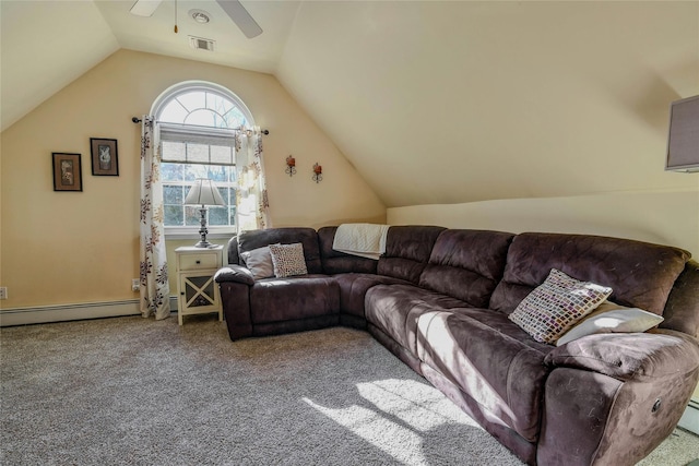 carpeted living room with a baseboard radiator, ceiling fan, and vaulted ceiling