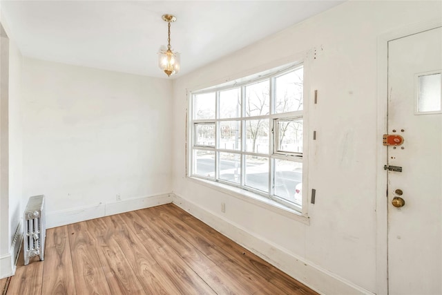 spare room with radiator heating unit and light hardwood / wood-style flooring