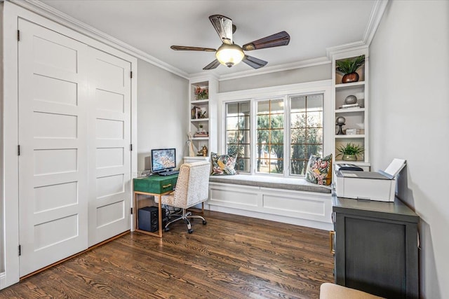 office featuring ceiling fan, dark wood-type flooring, and ornamental molding