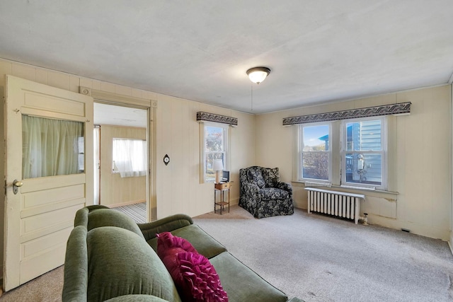 sitting room with light colored carpet and radiator heating unit