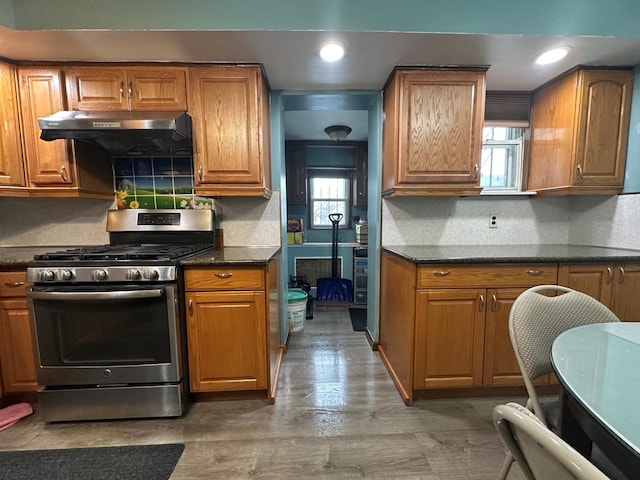 kitchen featuring hardwood / wood-style floors, backsplash, and stainless steel range with gas stovetop