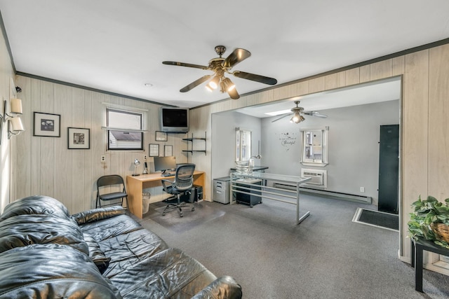 home office with carpet flooring, ceiling fan, wood walls, and an AC wall unit