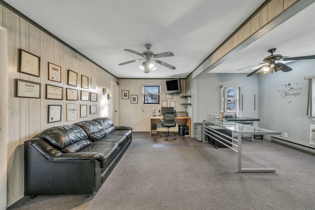 living room with wood walls, carpet floors, and a baseboard radiator