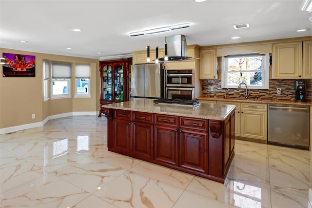 kitchen featuring marble finish floor, appliances with stainless steel finishes, a sink, and visible vents