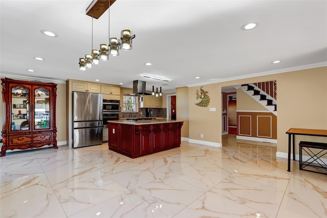 kitchen with marble finish floor, island range hood, appliances with stainless steel finishes, and ornamental molding