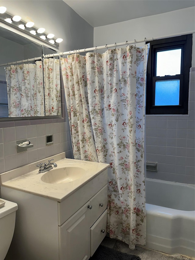 bathroom featuring vanity, tasteful backsplash, tile walls, and shower / bathtub combination with curtain