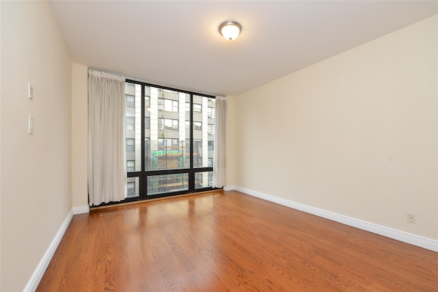 empty room with hardwood / wood-style flooring and a wall of windows