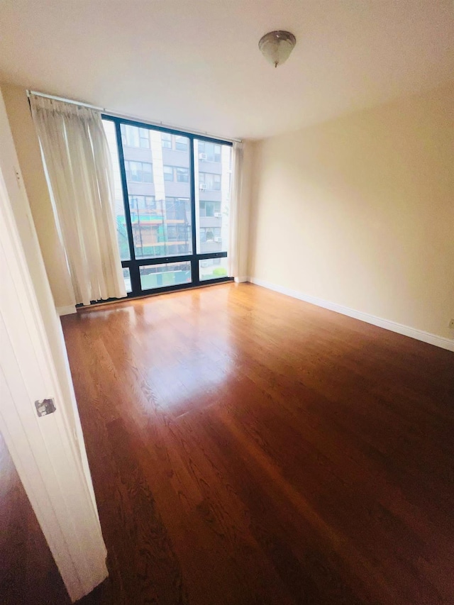 spare room with wood-type flooring and a wall of windows