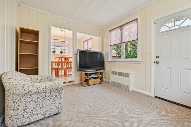 carpeted living room with radiator heating unit and crown molding